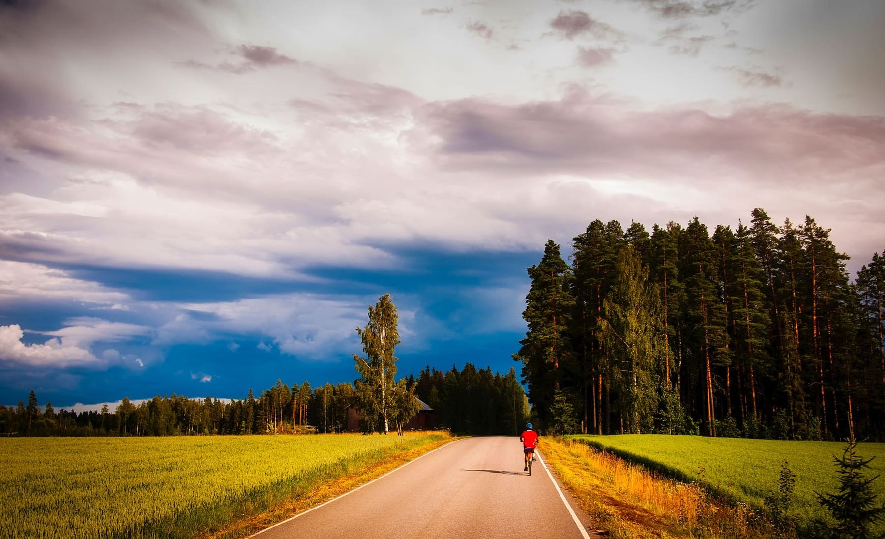 A lone cyclist riding along a quiet country road under a cloudy sky